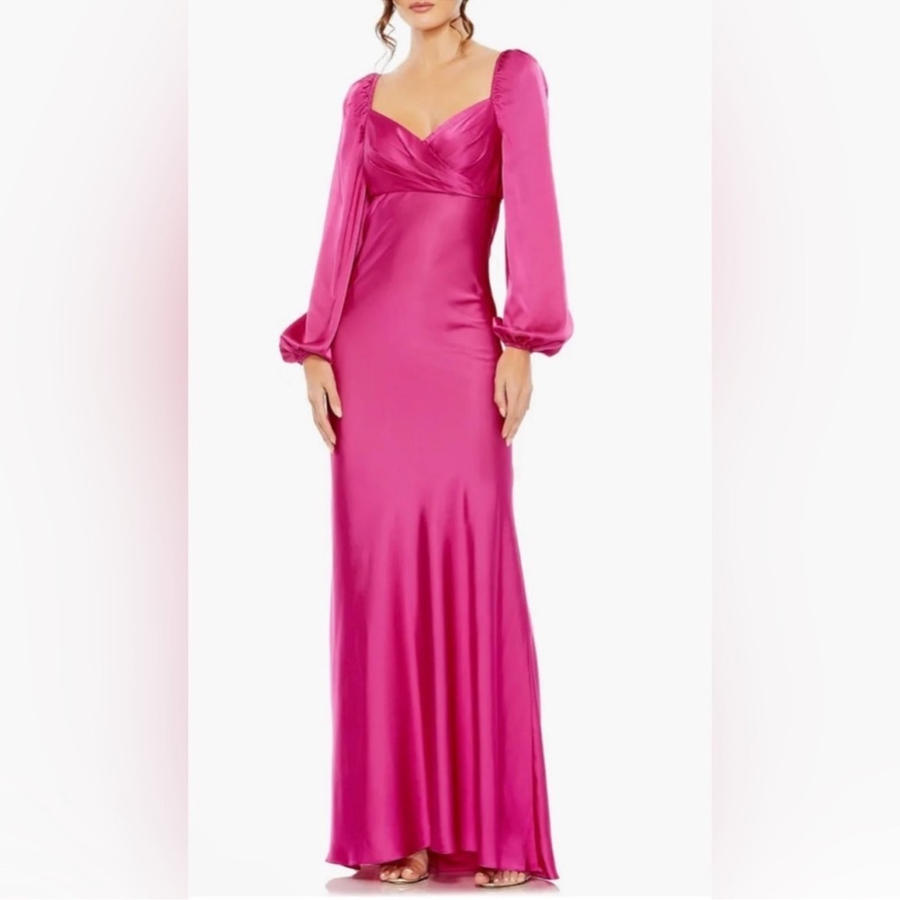MAC DUGGAL Magenta Pink Sweetheart Neck Long Balloon Sleeve Satin Gown - Reemoly